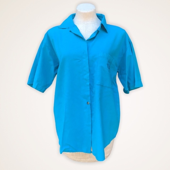 Vintage 80s Teal Blue Short Sleeve Oversized Shirt Small Boxy Top - Picture 1 of 8